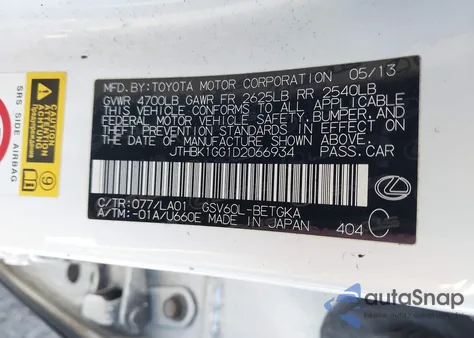 2013 Lexus Es 350 from USA, damaged, VIN JTHBK1GG1D2066934